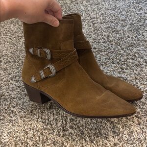 Frye Brown Suede Ankle Boots with Silver Buckles Western Boots